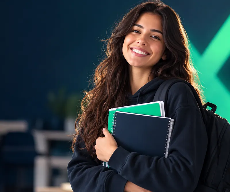 Estudante sorrindo, segurando cadernos